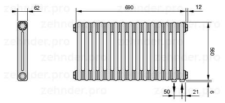 Схема (чертеж) Радиатор Zehnder Charleston 2056/15 №5510 Белый глянцевый RAL 9016